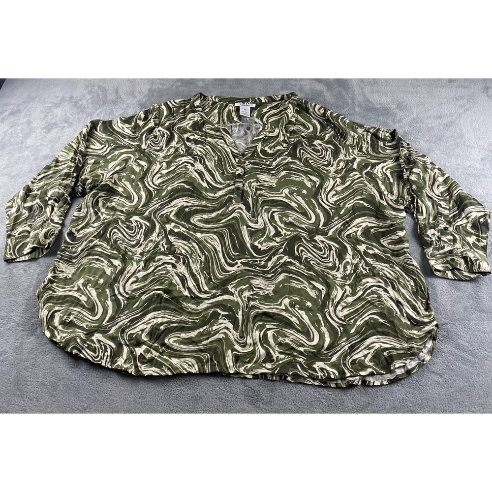 K.Jordan Womens 5X Olive Green Marble Swirl Print Viscose Henley Blouse Top